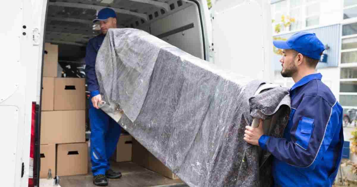 Two Columbus OH to New York NY movers handling a wrapped piece of furniture