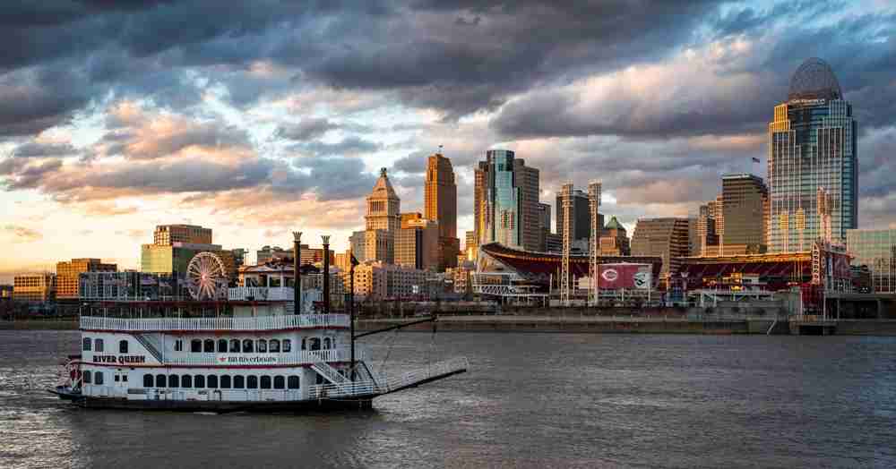 The,Cincinnati,Skyline,With a boat crossing the water on an overcast day