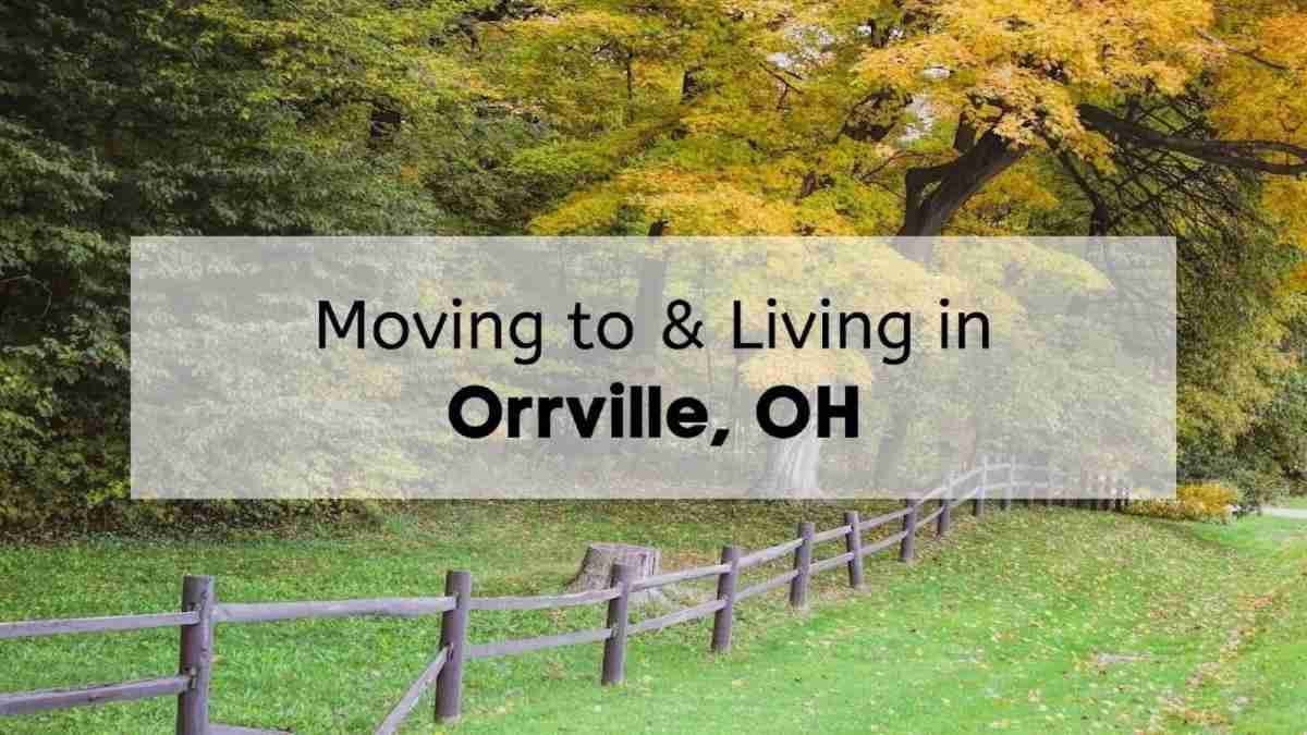 Orrville Ohio view of forest in the fall, with the text, Moving to & Living in Orrville, OH