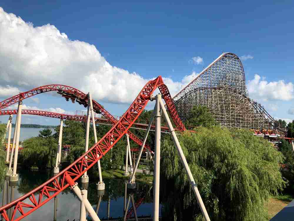 Cedar Point theme park rollercoasters on a sunny day