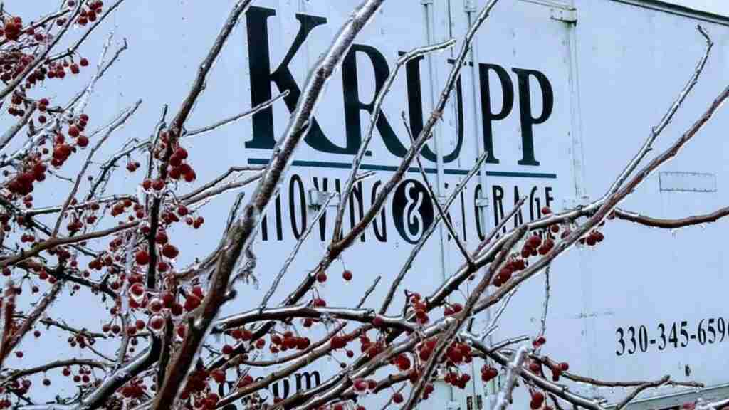 Close-up of a Krupp Moving & Storage branded moving truck viewed through frozen foliage