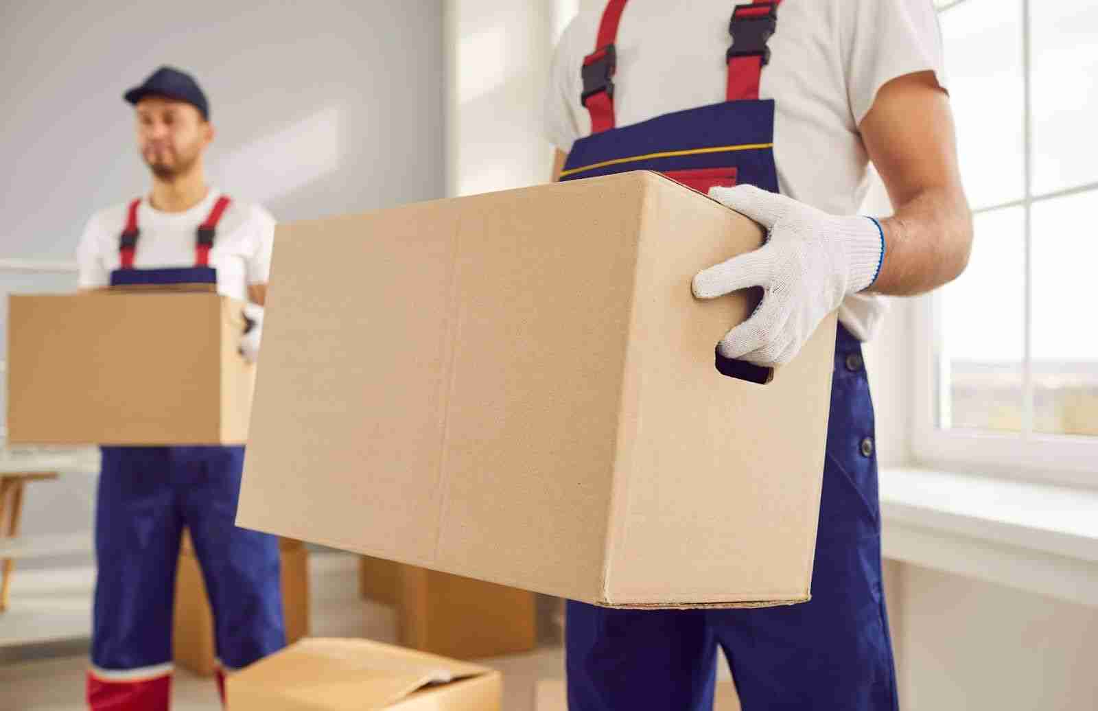 Close up shot of two Walnut Creek Ohio movers in blue overalls and white gloves holding boxes