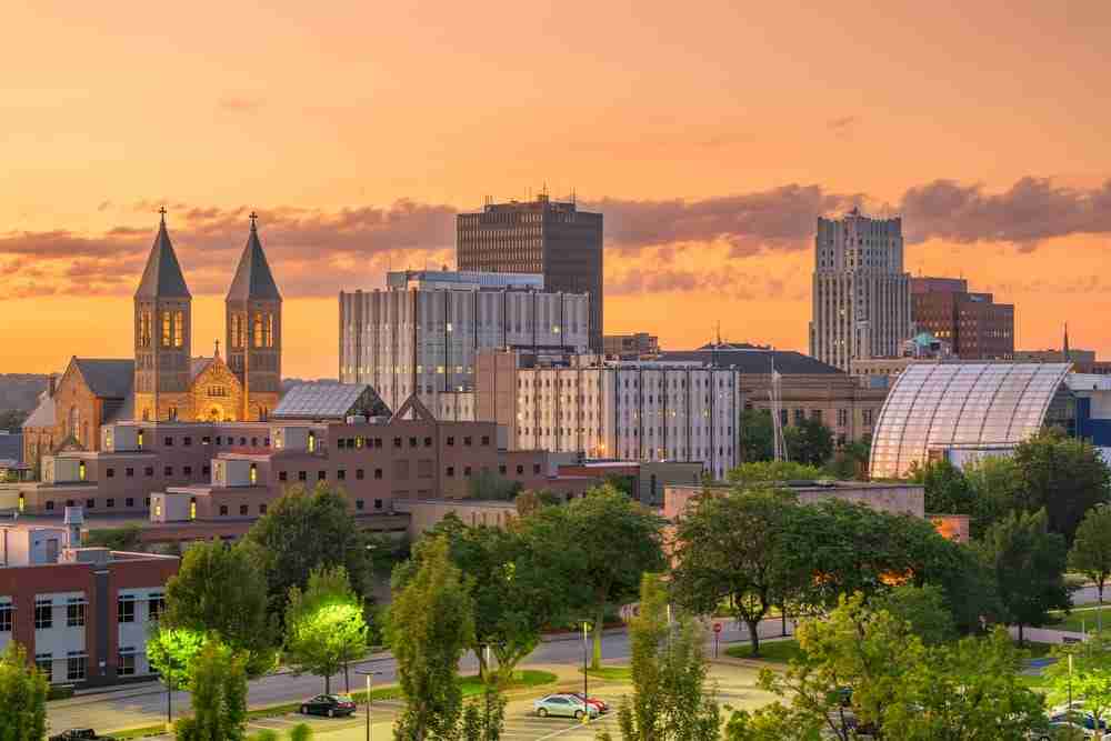 A view of downtown akron from the direction of highland square ohio