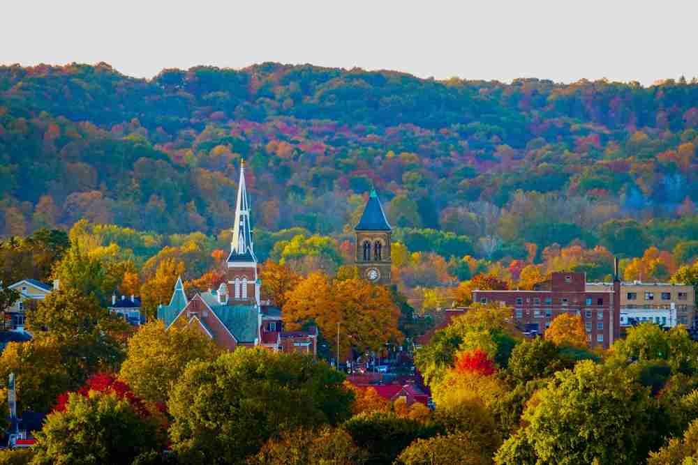 Lancaster ohio church surrounded by the fall colors