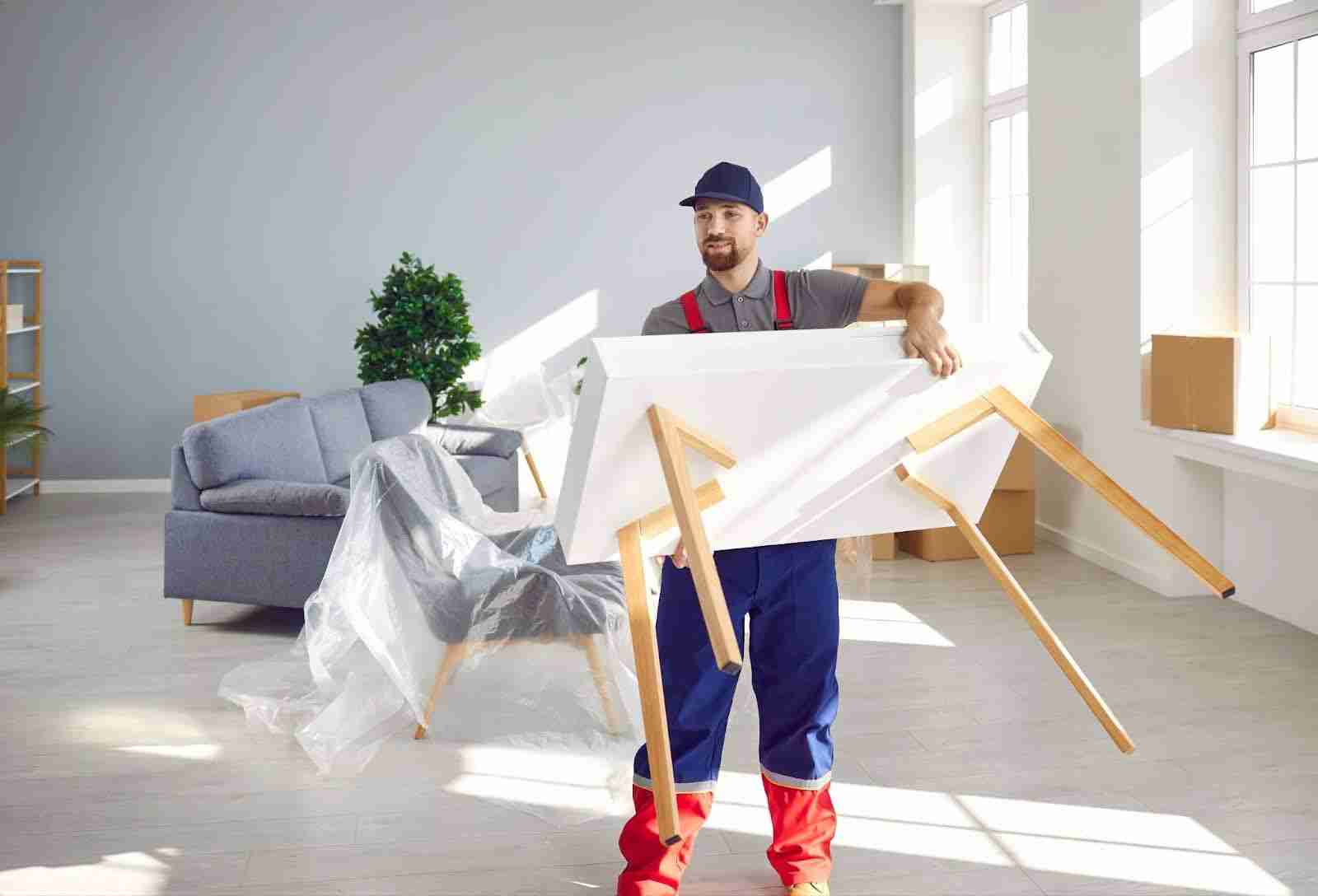 Mover carrying a table out of a home 