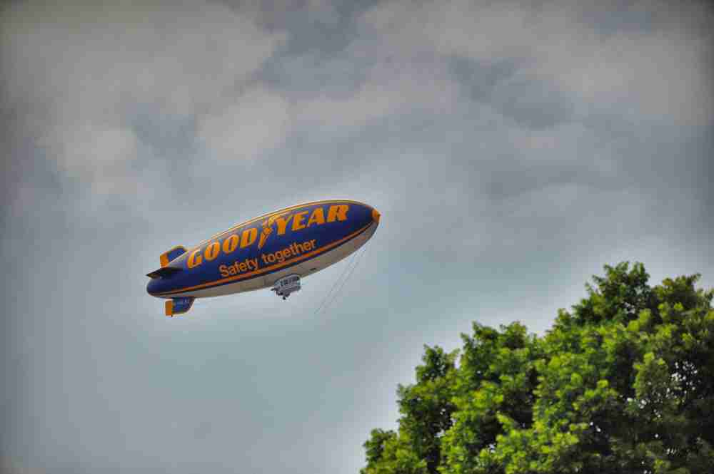A goodyear blimp flying in the skies of ohio