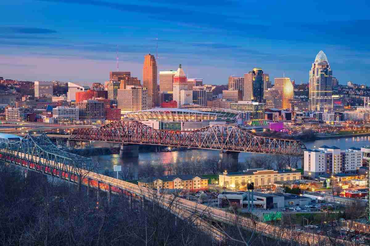 An aerial view of the Cincinnati metro area at dusk.