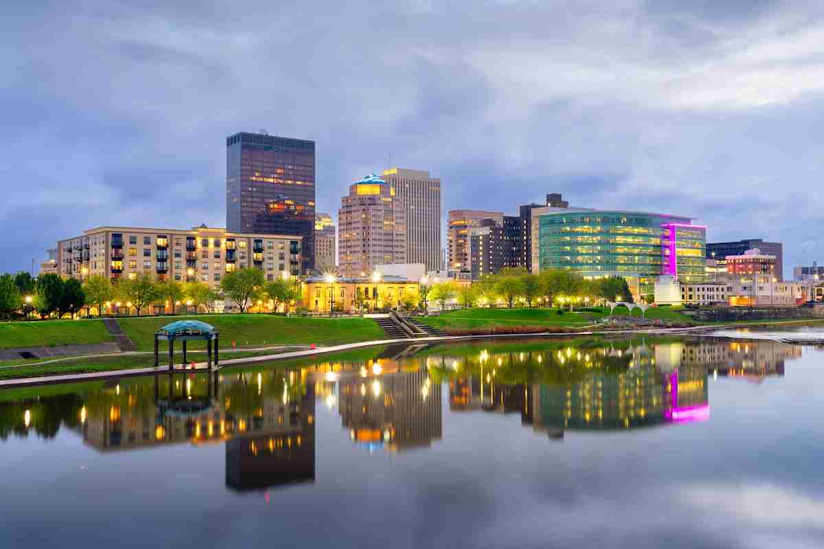 A view of the Dayton cityscape from the metro area from the Miami River