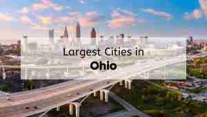An aerial view of the the Cleveland metro area with the text “largest cities in Ohio”